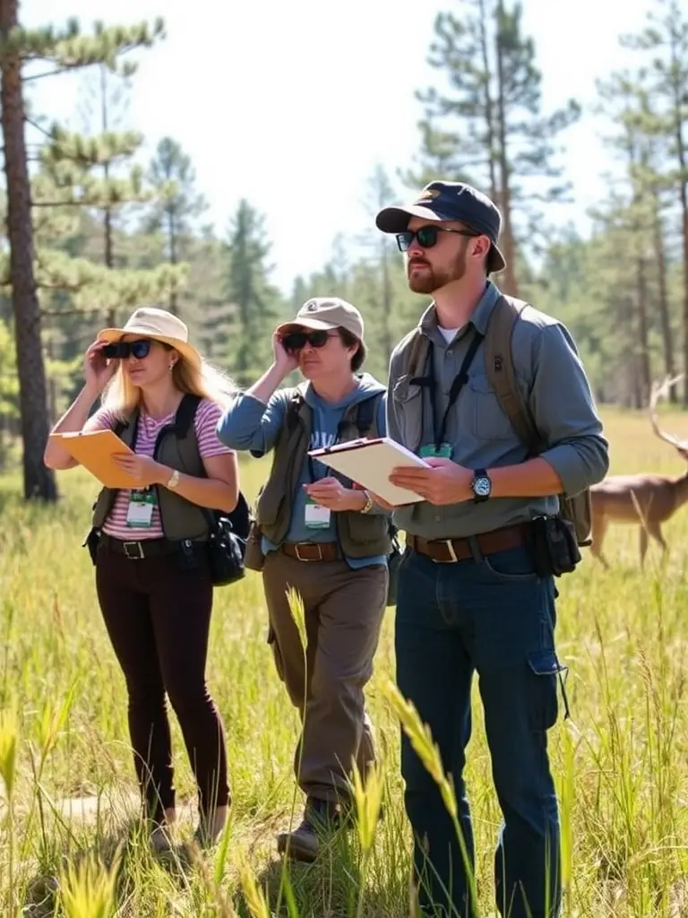 A photograph capturing a group of ACCAH members participating in a wildlife census, using binoculars and notebooks in a serene forest setting.